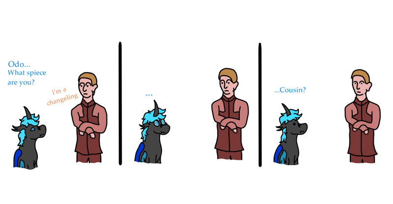 Size: 1920x997 | Tagged: safe, artist:un simple tio, derpibooru import, oc, oc:loshad, changeling, hybrid, dialogue, horn, humanoid, image, odo, png, star trek, star trek: deep space nine