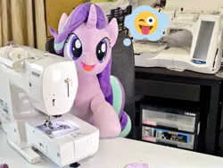 Size: 1024x768 | Tagged: safe, artist:nekokevin, derpibooru import, starlight glimmer, pony, unicorn, series:nekokevin's glimmy, chair, emoji, female, image, irl, jpeg, looking at you, mare, open mouth, photo, plushie, sewing machine, sitting, smiling, solo