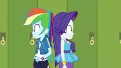 Size: 1280x720 | Tagged: safe, derpibooru import, screencap, rainbow dash, rarity, best trends forever, equestria girls, equestria girls series, back to back, best trends forever: rainbow dash, bracelet, clothes, cutie mark, cutie mark on clothes, duo, duo female, female, geode of shielding, geode of super speed, hoodie, image, jewelry, lockers, magical geodes, png, rarity peplum dress