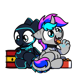 Size: 1000x1000 | Tagged: safe, artist:sugar morning, derpibooru import, part of a set, oc, oc:hornet, oc:spiral light, unofficial characters only, hybrid, original species, plane pony, pony, animated, chibi, chicken meat, chicken nugget, collar, cute, daaaaaaaaaaaw, drinking, eating, food, frame by frame, gasoline, gif, image, jet fuel, male, meat, ocbetes, plane, simple background, sitting, stallion, sugar morning's snacc and drincc, transparent background