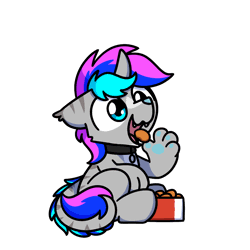 Size: 1000x1000 | Tagged: safe, artist:sugar morning, derpibooru import, part of a set, oc, oc:spiral light, unofficial characters only, hybrid, original species, pony, animated, chibi, chicken meat, chicken nugget, collar, cute, daaaaaaaaaaaw, eating, food, frame by frame, gif, image, male, meat, ocbetes, simple background, sitting, solo, stallion, sugar morning's snacc and drincc, transparent background