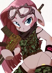 Size: 2480x3508 | Tagged: safe, artist:potetecyu_to, derpibooru import, pinkie pie, semi-anthro, bandana, camouflage, clothes, goggles, gun, image, jpeg, looking at you, pinkamena diane pie, rifle, smiling, socks, solo, thigh highs, vest, weapon