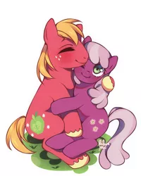 Size: 1080x1350 | Tagged: safe, derpibooru import, big macintosh, cheerilee, earth pony, pony, cheerimac, eyes closed, female, hug, image, looking at you, male, one eye closed, png, shipping, simple background, straight, white background