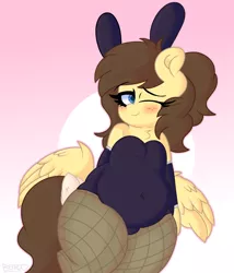 Size: 6641x7742 | Tagged: suggestive, artist:retro_hearts, derpibooru import, oc, oc:retro hearts, unofficial characters only, pegasus, pony, belly, belly button, blushing, bunny ears, bunny suit, clothes, fat, female, fishnets, freckles, image, mare, one eye closed, pink background, png, ponytail, simple background, wink
