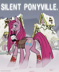 Size: 1280x1570 | Tagged: semi-grimdark, artist:mechanakal, derpibooru import, pinkie pie, earth pony, fanfic:silent ponyville, bandage, blood, image, jpeg, mouth hold, pinkamena diane pie, ponyville, sad, satchel, solo