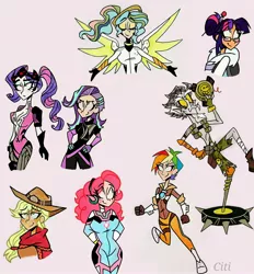 Size: 2472x2662 | Tagged: safe, artist:citi, derpibooru import, applejack, discord, pinkie pie, princess celestia, rainbow dash, rarity, starlight glimmer, twilight sparkle, human, breasts, crossover, humanized, image, jpeg, overwatch