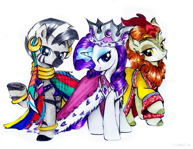 Size: 3778x2922 | Tagged: safe, artist:liaaqila, derpibooru import, autumn blaze, princess platinum, rarity, zecora, kirin, pony, unicorn, zebra, bedroom eyes, bracelet, cloak, clothes, commission, crown, ear piercing, earring, eyeshadow, glowing horn, horn, image, jewelry, jpeg, magic, makeup, neck rings, piercing, raised hoof, regalia, robe, simple background, traditional art, trio, white background