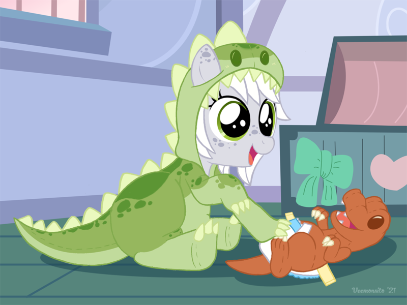 Size: 1000x750 | Tagged: safe, artist:veemonsito, deleted from derpibooru, derpibooru import, dinosaur, earth pony, pony, clothes, costume, diaper, diapering, earth, image, kigurumi, onesie, plushie, png, toddler