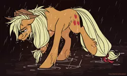 Size: 2300x1384 | Tagged: safe, artist:mechanakal, derpibooru import, applejack, earth pony, pony, crying, image, png, rain, sad, solo, wet