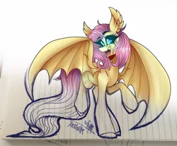 Size: 1080x894 | Tagged: safe, alternate version, artist:moshi.poni, derpibooru import, fluttershy, bat pony, pony, bat ponified, bat wings, ear fluff, eyelashes, female, flutterbat, glowing eyes, image, jpeg, lineart, lined paper, mare, open mouth, partial color, race swap, raised hoof, signature, smiling, solo, spread wings, traditional art, wings