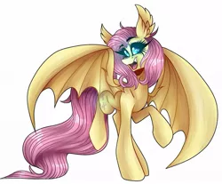 Size: 1053x871 | Tagged: safe, alternate version, artist:moshi.poni, derpibooru import, fluttershy, bat pony, pony, bat ponified, bat wings, colored, ear fluff, eyelashes, female, flutterbat, glowing eyes, image, jpeg, mare, open mouth, race swap, raised hoof, simple background, smiling, solo, white background, wings