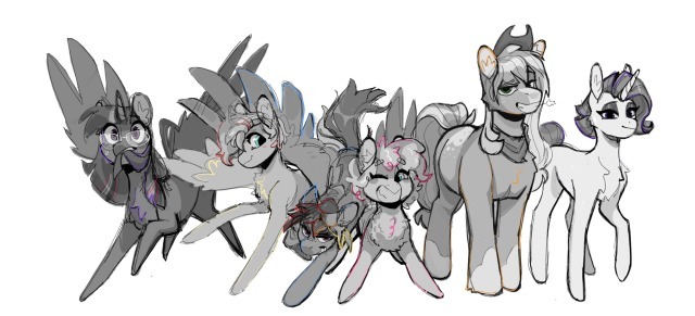 Size: 640x291 | Tagged: safe, artist:bokkitoki, derpibooru import, applejack, fluttershy, pinkie pie, rainbow dash, rarity, twilight sparkle, twilight sparkle (alicorn), alicorn, earth pony, pegasus, unicorn, alternate design, alternate hairstyle, chest fluff, glasses, goggles, grin, image, jpeg, mane six, mouth hold, nervous, one eye closed, partial color, redesign, simple background, smiling, straw, sweat, twitterina design, white background, wink, wip