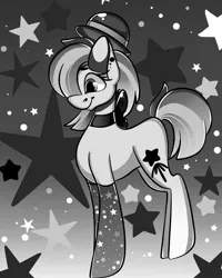 Size: 1080x1350 | Tagged: safe, artist:tessa_key_, derpibooru import, oc, unofficial characters only, earth pony, pony, choker, clothes, earth pony oc, eyelashes, female, grayscale, hat, image, jpeg, mare, monochrome, smiling, socks, solo, stars