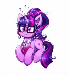 Size: 1737x1908 | Tagged: safe, artist:confetticakez, derpibooru import, sci-twi, twilight sparkle, pony, unicorn, blushing, book, bowtie, clothes, confused, female, glasses, image, jpeg, lying down, mare, ponytail, question mark, reading, solo, unicorn twilight