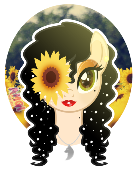 Size: 1986x2476 | Tagged: safe, artist:amgiwolf, derpibooru import, oc, oc:amgi, unofficial characters only, earth pony, pony, bust, earth pony oc, eyelashes, female, flower, flower in hair, image, jewelry, lipstick, mare, necklace, png, simple background, solo, sunflower, transparent background