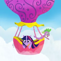 Size: 1280x1280 | Tagged: safe, artist:milliedubois, artist:millieduboisart, derpibooru import, spike, twilight sparkle, dragon, pony, unicorn, cloud, fangs, female, happy, hot air balloon, image, jpeg, male, mare, open mouth, twinkling balloon, unicorn twilight