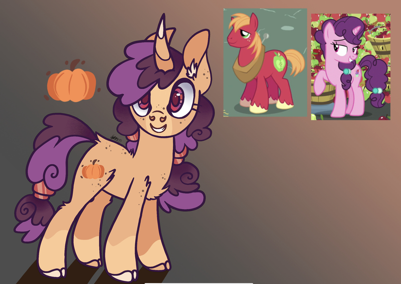 Size: 2323x1647 | Tagged: safe, artist:caramelbolt24, derpibooru import, big macintosh, sugar belle, oc, earth pony, pony, unicorn, abstract background, ear fluff, female, grin, horn, image, jpeg, male, mare, offspring, parent:big macintosh, parent:sugar belle, parents:sugarmac, raised hoof, screencap reference, signature, smiling, stallion, unicorn oc, unshorn fetlocks, yoke