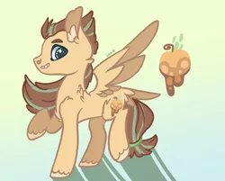 Size: 2042x1639 | Tagged: safe, artist:caramelbolt24, derpibooru import, oc, unofficial characters only, pegasus, pony, apple, chest fluff, ear fluff, food, gradient background, grin, image, jpeg, magical lesbian spawn, male, offspring, parent:applejack, parent:fluttershy, parents:appleshy, pegasus oc, raised hoof, signature, smiling, solo, stallion, two toned wings, unshorn fetlocks, wings