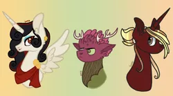 Size: 2388x1329 | Tagged: safe, artist:caramelbolt24, derpibooru import, oc, unofficial characters only, alicorn, deer, unicorn, abstract background, alicorn oc, antlers, bust, clothes, ear fluff, ear piercing, earring, frown, horn, image, jewelry, jpeg, makeup, piercing, scarf, signature, smiling, unicorn oc, wings