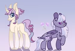Size: 2388x1621 | Tagged: safe, artist:caramelbolt24, derpibooru import, oc, unofficial characters only, pegasus, pony, unicorn, colored hooves, duo, ear fluff, gradient background, grin, horn, image, jpeg, magical lesbian spawn, offspring, parent:fluttershy, parent:pinkie pie, parent:rarity, parent:twilight sparkle, parents:flarity, parents:twinkie, pegasus oc, raised hoof, signature, smiling, two toned wings, unicorn oc, wings