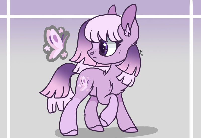 Size: 2388x1639 | Tagged: safe, artist:caramelbolt24, derpibooru import, oc, unofficial characters only, butterfly, earth pony, insect, pony, abstract background, chest fluff, colored hooves, ear fluff, earth pony oc, eyelashes, female, image, jpeg, looking back, magical lesbian spawn, mare, offspring, parent:fluttershy, parent:twilight sparkle, parents:twishy, signature, solo