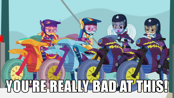 Size: 600x338 | Tagged: safe, derpibooru import, edit, edited screencap, screencap, indigo zap, rainbow dash, sugarcoat, sunset shimmer, equestria girls, friendship games, caption, cropped, female, image, image macro, meme, motorcross, motorcycle, png, reaction image, sporty style, text