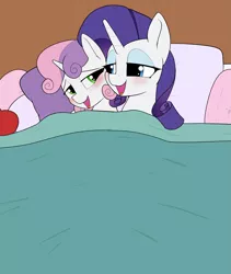 Size: 3199x3799 | Tagged: suggestive, artist:whiskeypanda, derpibooru import, part of a set, rarity, sweetie belle, pony, bed, bedroom eyes, bedsheets, blushing, clothes, female, females only, image, implied foalcon, implied incest, implied sex, incest, lesbian, lidded eyes, mare, on bed, open mouth, pillow, png, raribelle, raricest, shipping, siblings, under the covers, underage
