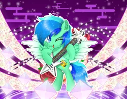 Size: 1500x1169 | Tagged: safe, artist:jadebreeze115, derpibooru import, floral pattern, oc, oc:jade breeze, unofficial characters only, pegasus, pony, bipedal, blue eyes, blue hair, colored wings, colorful background, crystal, cute, ear fluff, electric guitar, ethereal mane, floral print, flower, gradient wings, guitar, image, japanese, male, moon runes, mountain, mountain range, musical instrument, one eye closed, open mouth, original art, patterned background, pegasus oc, png, rose, singing, smiling, solo, spread wings, stallion, standing, standing up, starry mane, tree branch, water, wings, wink