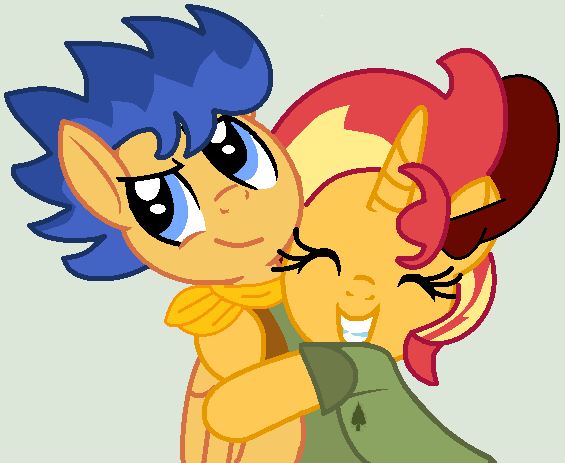 Size: 565x463 | Tagged: safe, artist:jadethepegasus, derpibooru import, flash sentry, sunset shimmer, pegasus, pony, unicorn, camp camp, clothes, crossover, david (camp camp), eyes closed, female, flashimmer, gray background, grin, gwen (camp camp), hat, hug, image, male, mare, png, shipping, shirt, simple background, smiling, stallion, straight, t-shirt, vest