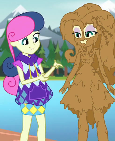 Size: 500x610 | Tagged: safe, artist:amateur-draw, derpibooru import, screencap, bon bon, fluttershy, sweetie drops, equestria girls, legend of everfree, clothes, covered in mud, dress, image, mud, mud bath, mud edit, png, show accurate, wet and messy