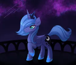 Size: 2108x1792 | Tagged: safe, artist:nathayro37, derpibooru import, princess luna, alicorn, pony, balcony, female, folded wings, hair over one eye, hoof shoes, image, jewelry, mare, night, night sky, png, raised hoof, s1 luna, shooting star, sky, solo, standing, three quarter view, tiara, wings