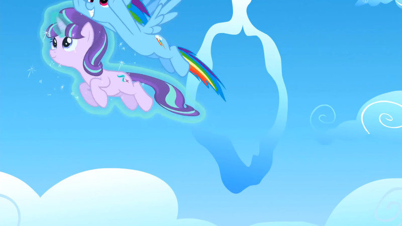 Size: 1366x768 | Tagged: safe, derpibooru import, screencap, rainbow dash, starlight glimmer, pegasus, pony, unicorn, the cutie re-mark, female, image, levitation, magic, png, self-levitation, telekinesis