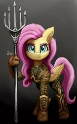 Size: 1280x2048 | Tagged: safe, artist:raphaeldavid, deleted from derpibooru, derpibooru import, fluttershy, pegasus, pony, aquaman, crossover, dc comics, female, folded wings, full face view, hoof hold, image, looking at you, mare, png, raised hoof, solo, standing, superhero, superhero costume, trident, wings