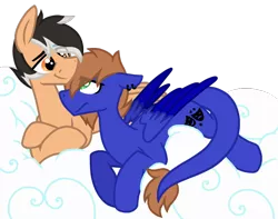 Size: 812x640 | Tagged: safe, artist:froyo15sugarblast, derpibooru import, oc, oc:airin sparkle, oc:hearty felt, original species, pegasus, pony, airifelt, base used, cloud, ear piercing, gay, image, laying on a cloud, looking at each other, male, oc x oc, piercing, png, rule 63, shipping, simple background, trans male, transgender, transparent background, winged lion pegasus