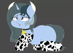 Size: 4000x2934 | Tagged: safe, artist:blitzyflair, derpibooru import, oc, oc:blitzy flair, unofficial characters only, pony, unicorn, bell, bell collar, black background, chubby, clothes, collar, cow horns, cowbell, cowprint, female, gloves, image, jpeg, kneeling, lidded eyes, long gloves, mare, open mouth, plump, raised hoof, simple background, socks, solo, stockings, thigh highs, tongue out