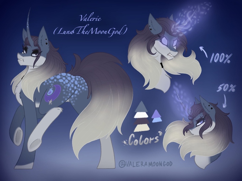 Size: 2160x1620 | Tagged: safe, artist:lunathemoongod, derpibooru import, oc, pony, unicorn, glowing eyes, glowing horn, gradient mane, horn, image, jpeg, magic, makeup, piercing, reference sheet, solo, spots