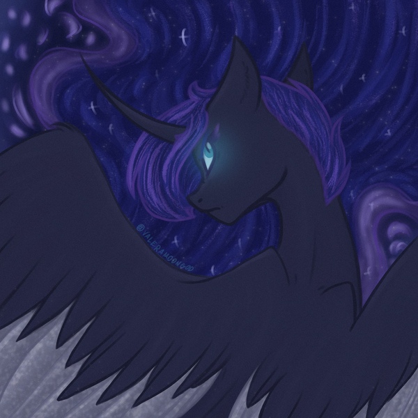 Size: 2048x2048 | Tagged: safe, artist:lunathemoongod, derpibooru import, princess luna, alicorn, pony, colored wings, glowing eyes, image, jpeg, night, sketch, stars, wings