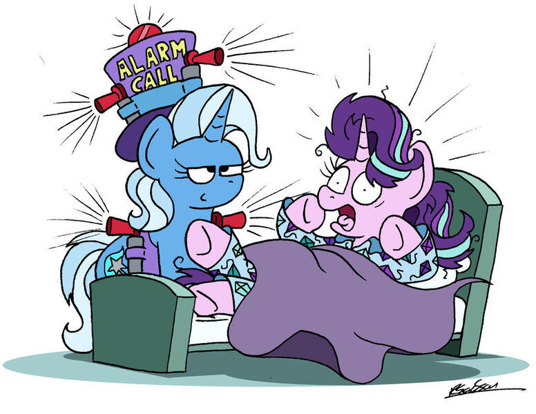 Size: 1024x792 | Tagged: safe, artist:bobthedalek, derpibooru import, starlight glimmer, trixie, pony, unicorn, airhorn, bed, bed mane, clothes, hat, image, inconvenient trixie, jpeg, pajamas, smug, startled, top hat