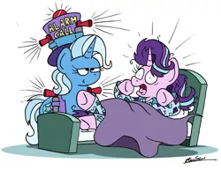 Size: 1024x792 | Tagged: safe, artist:bobthedalek, derpibooru import, starlight glimmer, trixie, pony, unicorn, airhorn, bed, bed mane, clothes, hat, image, inconvenient trixie, jpeg, pajamas, smug, startled, top hat