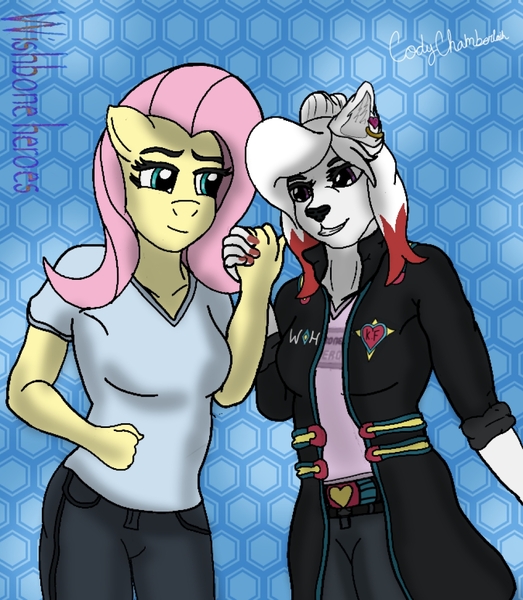 Size: 1000x1147 | Tagged: safe, artist:bronywishbone, derpibooru import, fluttershy, oc, oc:sarafina, anthro, pegasus, plantigrade anthro, background, belt buckle, clothes, cody chamberlain, cute, friendship, hair bun, hexagon, image, jacket, jewelry, jpeg, nails, pants, pattern, posing for photo, shading, shirt, straps, symbol, together, wearewishboneheroes, wishbone heroes