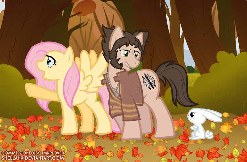 Size: 3507x2308 | Tagged: safe, artist:shellah, angel bunny, fluttershy, ponified, earth pony, pegasus, pony, autumn, crossover, fanfic art, jpeg, leaves, wolverine, x-men