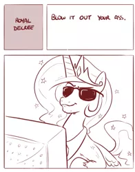 Size: 440x562 | Tagged: artist needed, safe, princess celestia, alicorn, pony, computer, duke nukem, meme, png, ponified meme, reaction image, sunglasses, vulgar