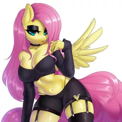 Size: 1000x1000 | Tagged: suggestive, anonymous editor, artist:yutakira92, edit, fluttershy, anthro, pegasus, 4chan, belly button, big titty goth gf, breasts, busty fluttershy, cleavage, clothes, eyeshadow, female, fluttergoth, garter belt, garters, goth, jpeg, makeup, panties, sexy, shirt, shorts, simple background, socks, solo, solo female, stockings, thigh highs, thong, /trash/, underwear