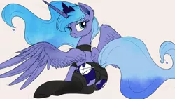 Size: 1280x720 | Tagged: suggestive, anonymous editor, artist:raps, color edit, edit, princess luna, alicorn, pony, /trash/, 4chan, bedroom eyes, butt, clothes, colored, dock, female, garter belt, lingerie, looking at you, lying down, mare, moonbutt, png, praise the moon, simple background, smiling, solo, solo female