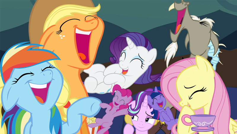 Size: 850x480 | Tagged: safe, edit, edited screencap, screencap, applejack, discord, fluttershy, pinkie pie, rainbow dash, rarity, starlight glimmer, twilight sparkle, draconequus, earth pony, pegasus, pony, unicorn, cup, food, laughing, laughingmares.jpg, mane six, png, popcorn, reaction image, teacup