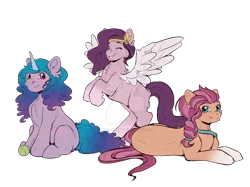 Size: 1600x1198 | Tagged: safe, artist:dinosaphira99, derpibooru import, izzy moonbow, pipp, sunny starscout, earth pony, pegasus, pony, unicorn, ball, blushing, braid, chest fluff, deviantart watermark, ear fluff, eyes closed, female, g5, image, izzy's tennis ball, looking at you, mare, obtrusive watermark, png, raised hoof, simple background, sitting, smiling, spread wings, tennis ball, transparent background, watermark, wings
