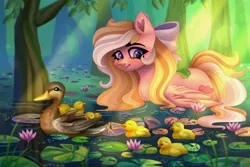 Size: 3000x2000 | Tagged: safe, artist:irinamar, derpibooru import, oc, oc:bay breeze, unofficial characters only, bird, duck, pegasus, pony, blushing, cute, duckling, female, image, jpeg, lilypad, mare, pond, solo, solo female, swimming, water