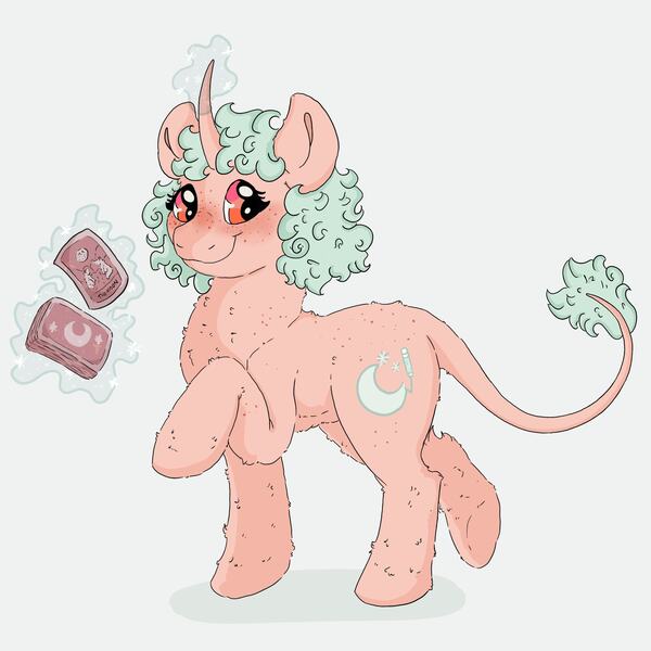 Size: 2560x2560 | Tagged: artist needed, safe, derpibooru import, oc, oc:luna doodle, pony, unicorn, blushing, freckles, image, jpeg, leonine tail, levitation, looking at you, magic, raised hoof, smiling, tarot card, telekinesis