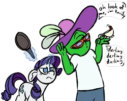 Size: 1334x1055 | Tagged: safe, artist:skookz, derpibooru import, rarity, oc, oc:anon, human, pony, unicorn, angry, clothes, cup, darling, female, frying pan, hat, image, magic, magic aura, male, mare, png, simple background, speech bubble, teacup, transparent background