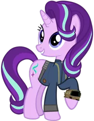 Size: 1280x1641 | Tagged: safe, artist:andoanimalia, artist:ponygamer2020, derpibooru import, starlight glimmer, pony, unicorn, fallout equestria, uncommon bond, absurd resolution, clothes, fallout, female, happy, image, jumpsuit, mare, pipboy, png, simple background, solo, transparent background, vault suit, vector